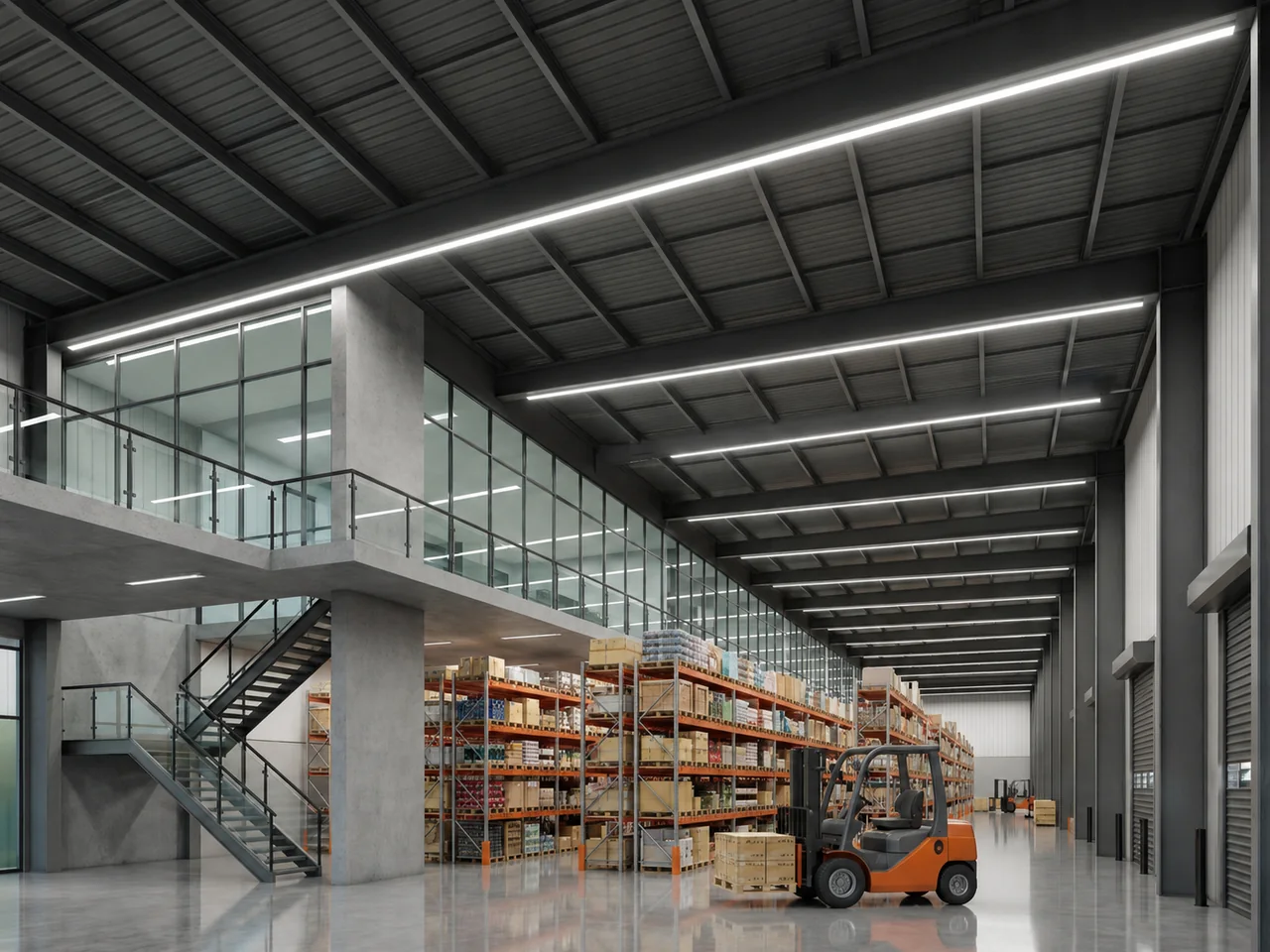 Interior — nave de inventario con mezzanine