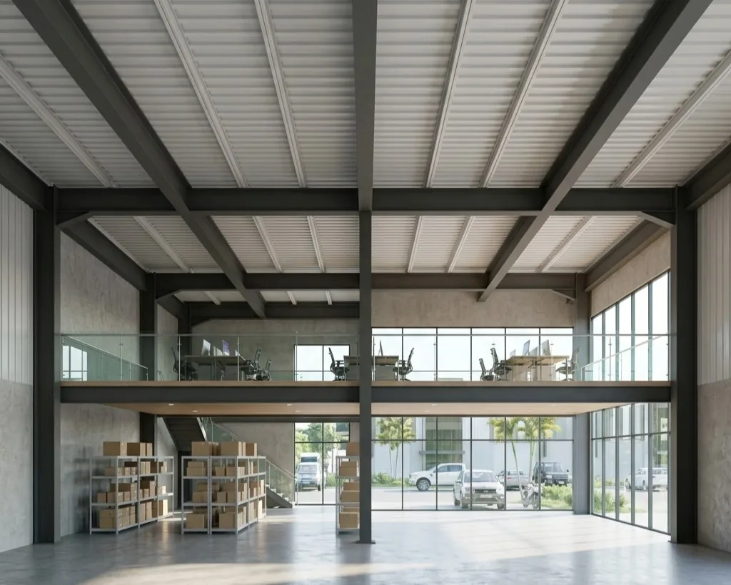 Interior — oficina operativa en mezzanine