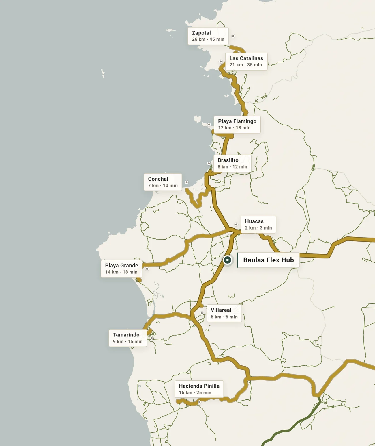 Rutas reales por carretera desde Baulas Flex Hub hacia el corredor costero de Guanacaste: Huacas, Conchal, Brasilito, Flamingo, Playa Grande, Tamarindo, Villarreal, Hacienda Pinilla, Las Catalinas y Zapotal.